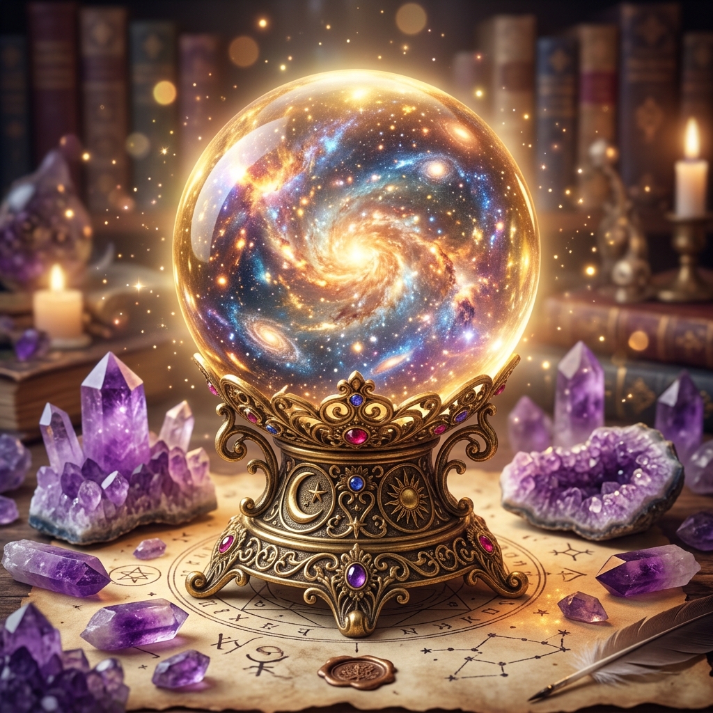Glowing Golden Crystal Ball on Stand with Amethyst Crystals