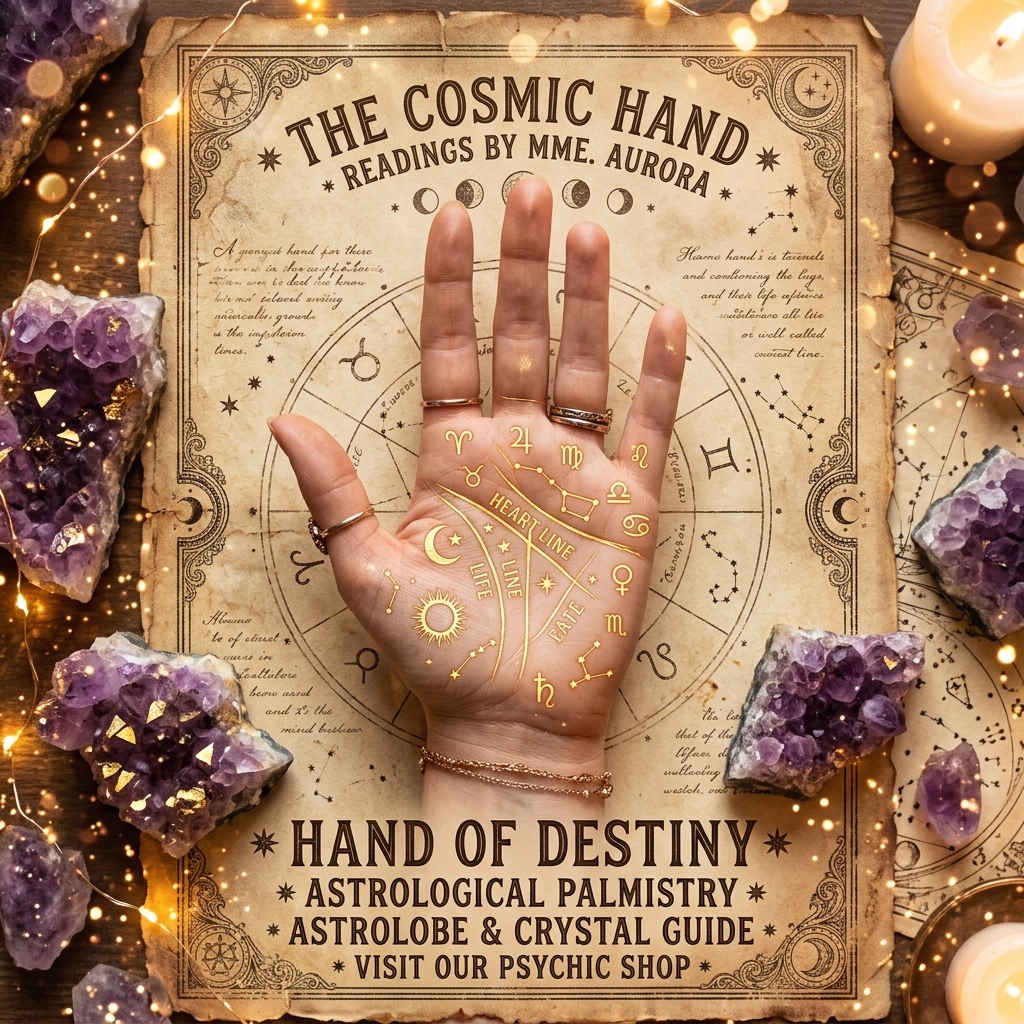 Mystical Palmistry Hand with Celestial Symbols